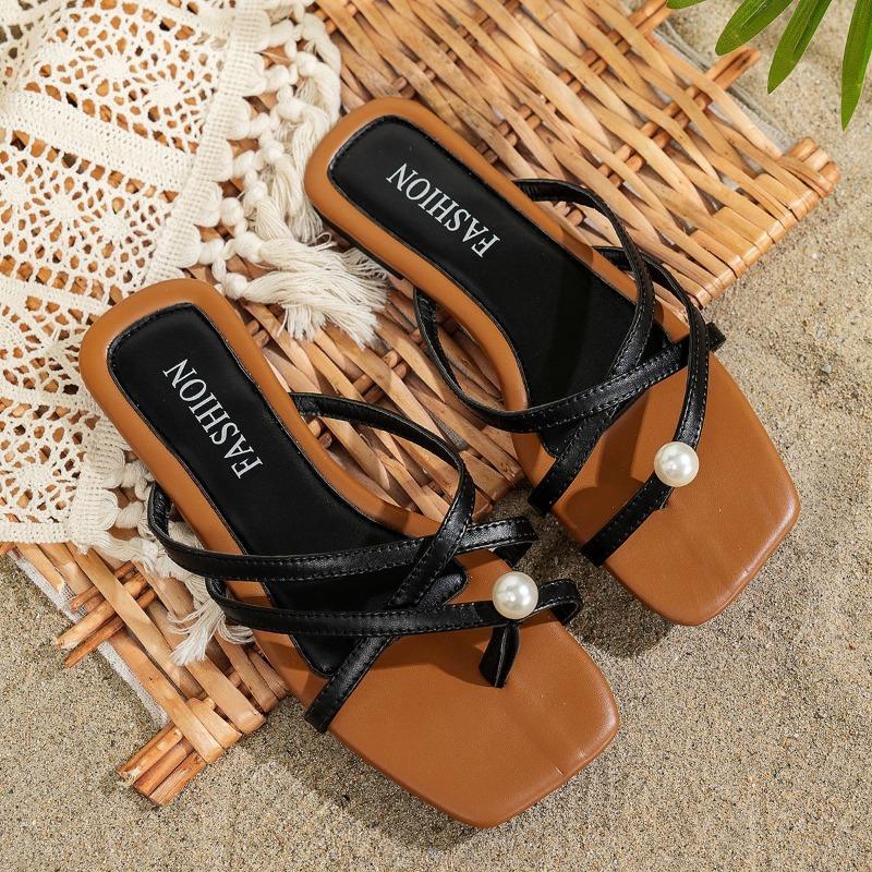 Large size set of toe flat heel cool slippers women's summer new simple fashion pearl square head versatile sandals