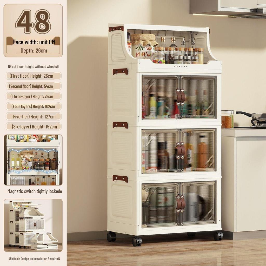 Multi-Layer Folding Bookcase with Wheels - Double Door, Moisture-Proof, Large Capacity, No Assembly Required.