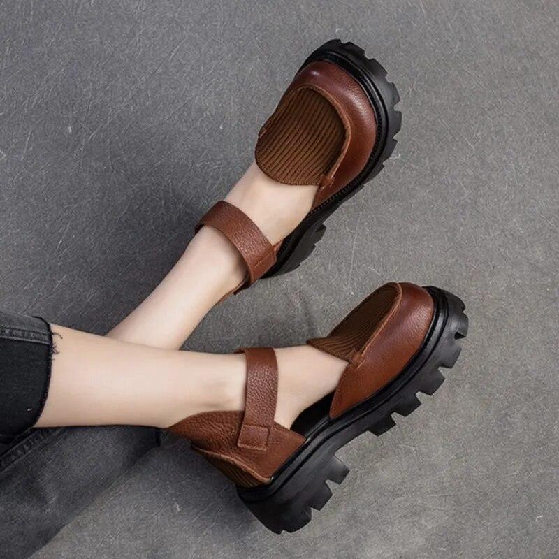 Johnature Sandali retrò con suola spessa Scarpe da donna versatili con chiusura a strappo in vera pelle