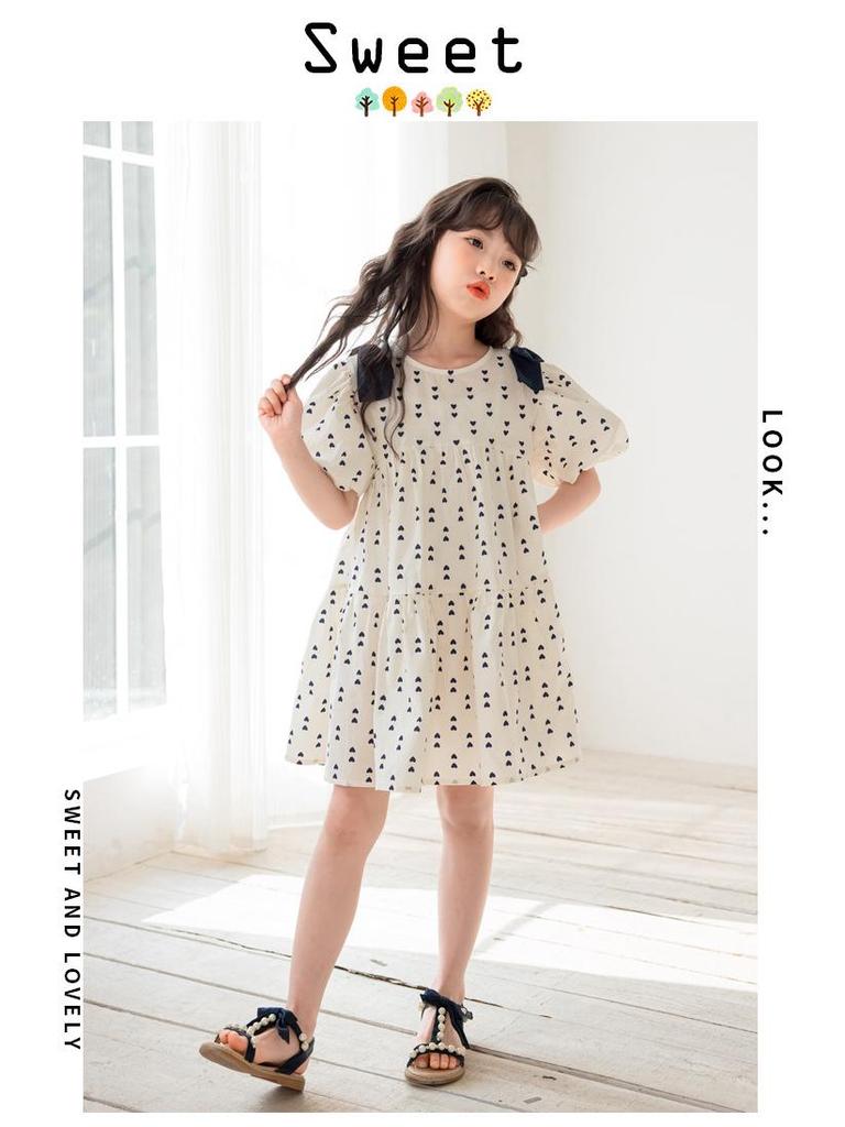 2025 Summer Korean Puff Sleeve Cotton Dress for Girls - Children's One-Piece Skirt
