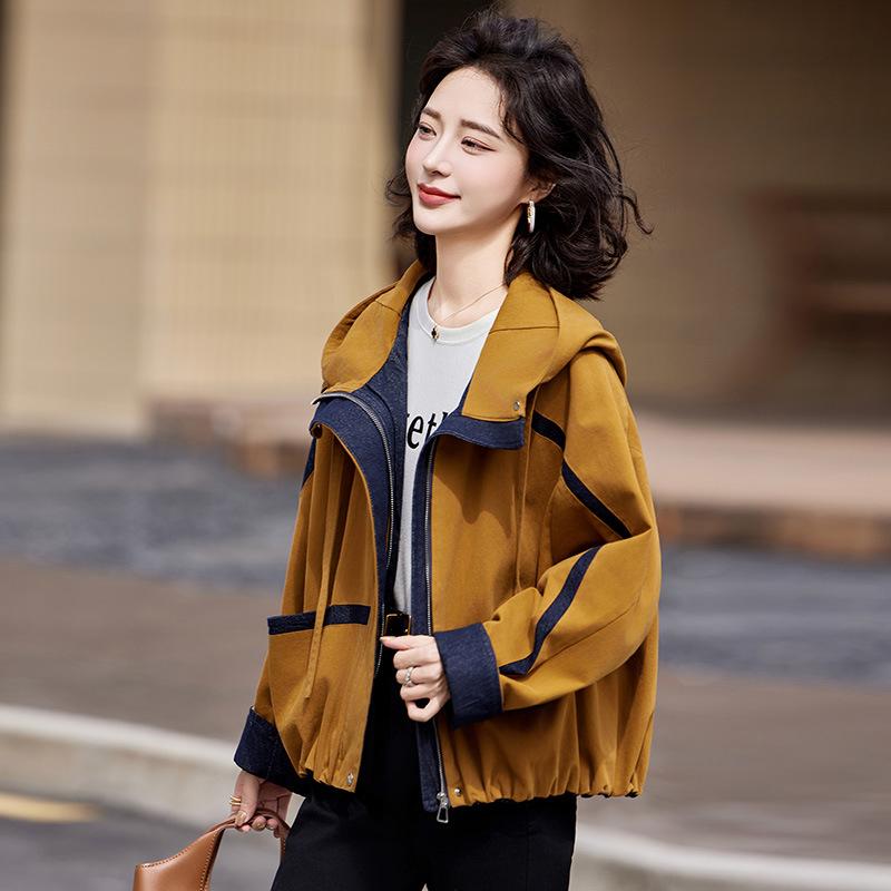 

Весенне-осеннее новое дизайнерское повседневное свободное пальто женское контрастного цвета с капюшоном куртка топ XL имбирный