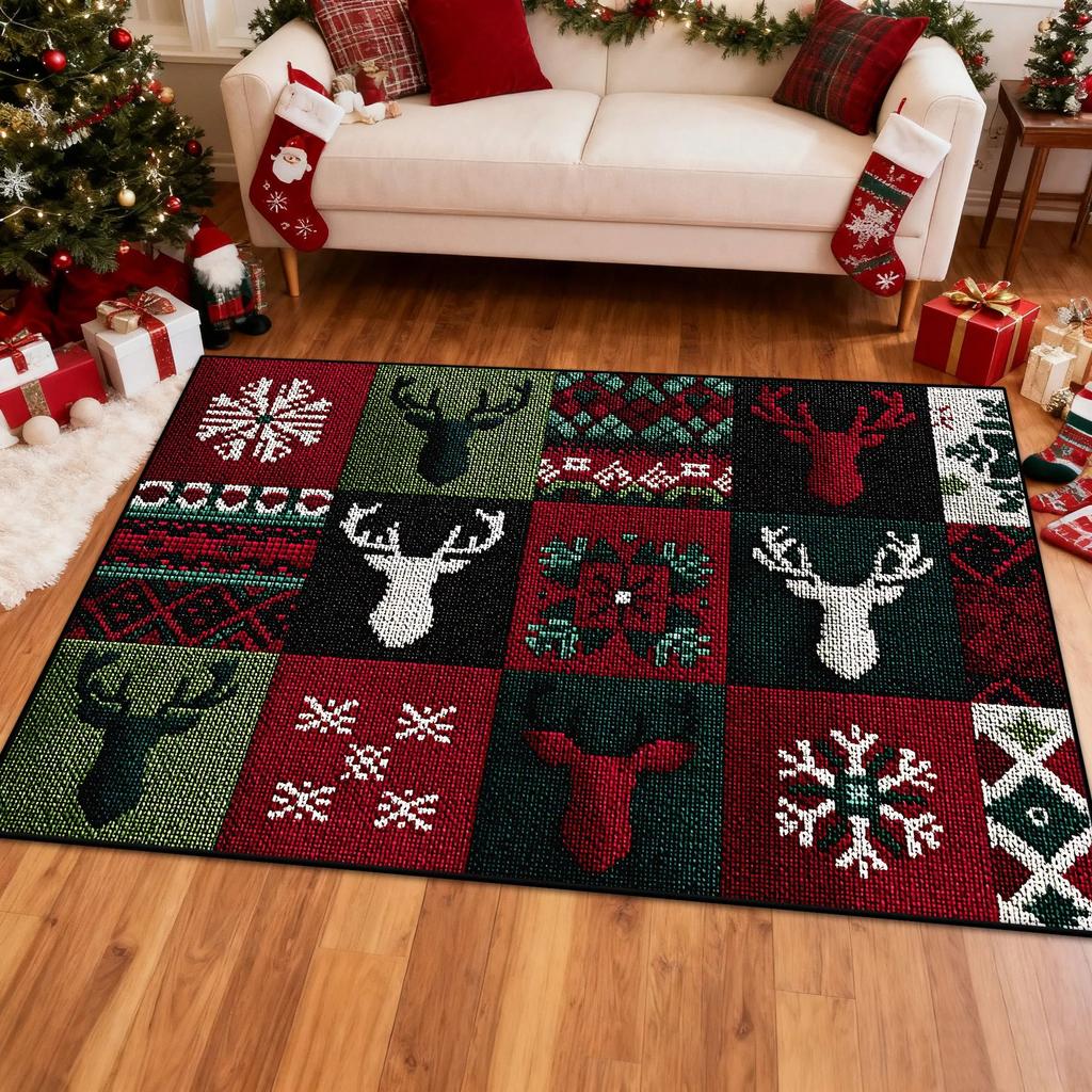 Christmas Carpet Mat Reindeer Snowflake Pattern Home Decoration Rug Festive Xmas Festive Decor for Living Room Holiday Season