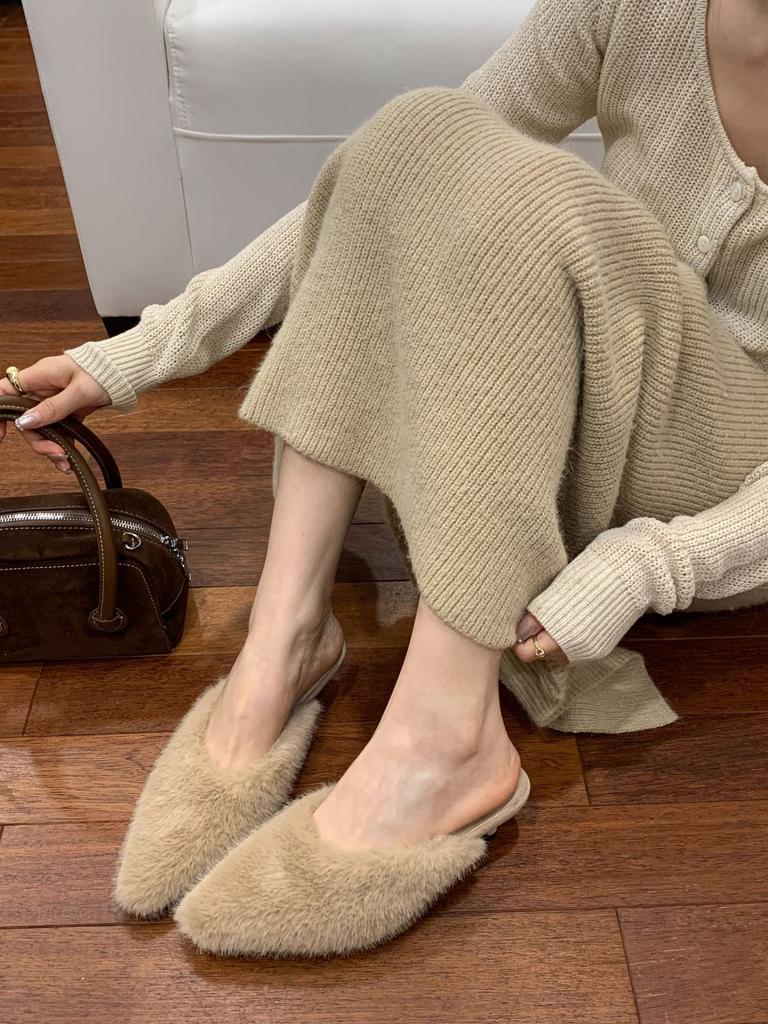 Fashion lamb fine heel hairy half slippers women's wear 2025 new spring, autumn and winter Korean version pointed lazy single shoes