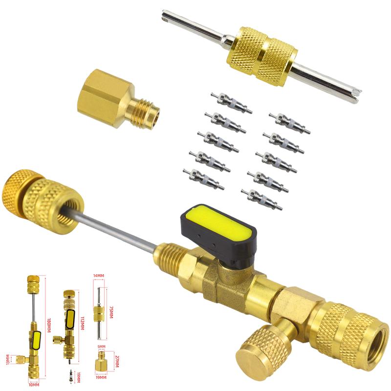 Brass Valve Core Tool for R410A R22 R32 R12 R407 with 1/4 and 5/16 SAE Compatibility and Knurled Grip for Non Slip Operation