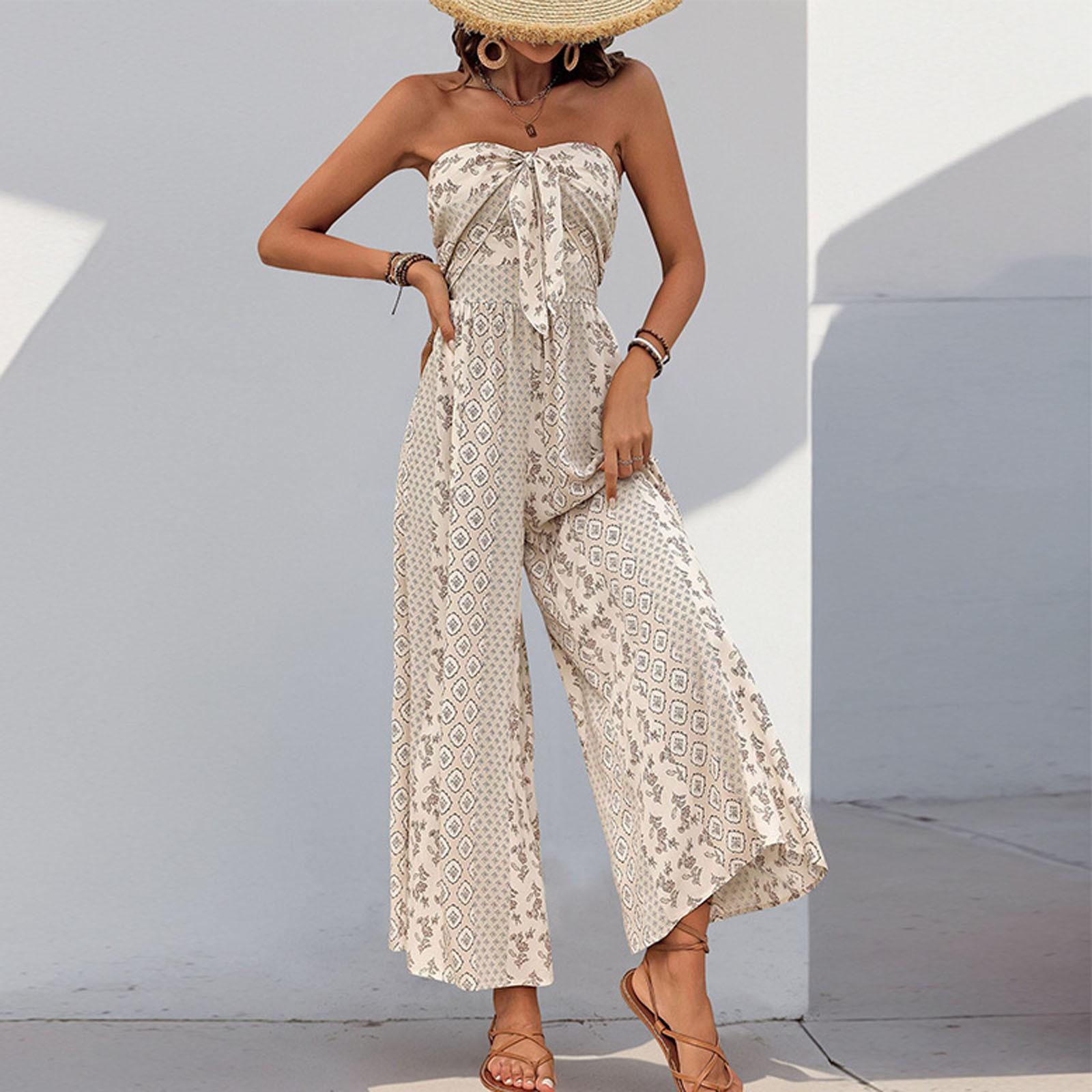 

Жіночий повсякденний вільний комбінезон на зав язках з принтованим комбінезоном без рукавів та широкими штанинами L бежевий