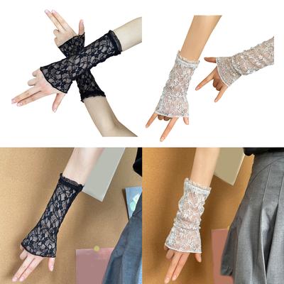Schwarz Graue Spitzen-Armstulpen UV-Blockierende Handschuhe Y2K Ästhetik Dünne Netz-Überzieher Für Freizeit-Outfits