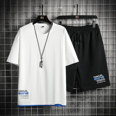 Mens Summer Breathable Short Sleeve Tshirt and Short Two Piece Set Casual Sports Suit Fashion Men Set Loose Sportswear