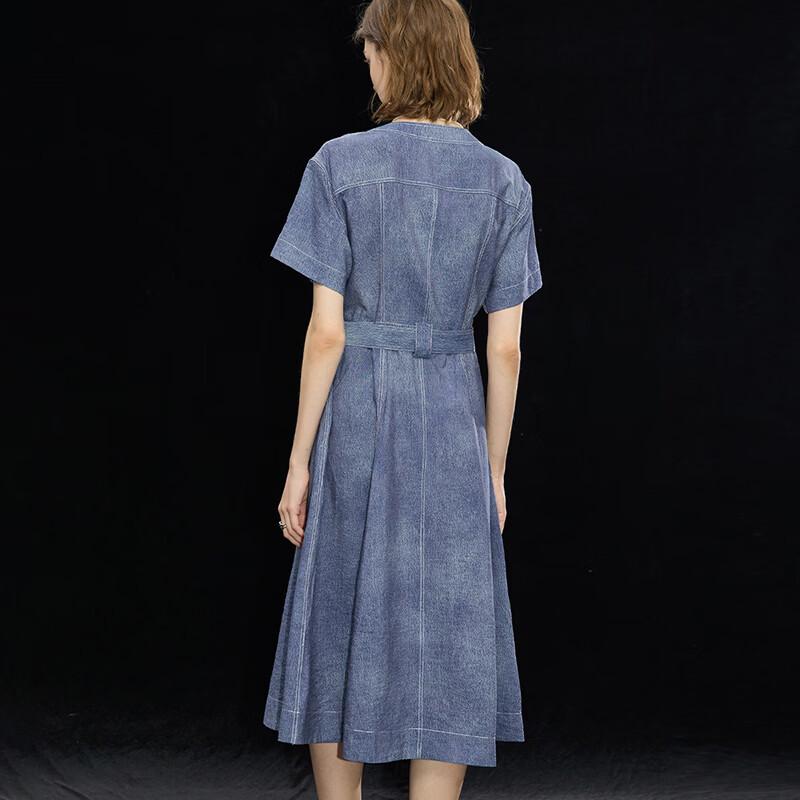 Heavyweight Mulberry Silk Denim V-Neck Drop-Shoulder Long Dress with Belt