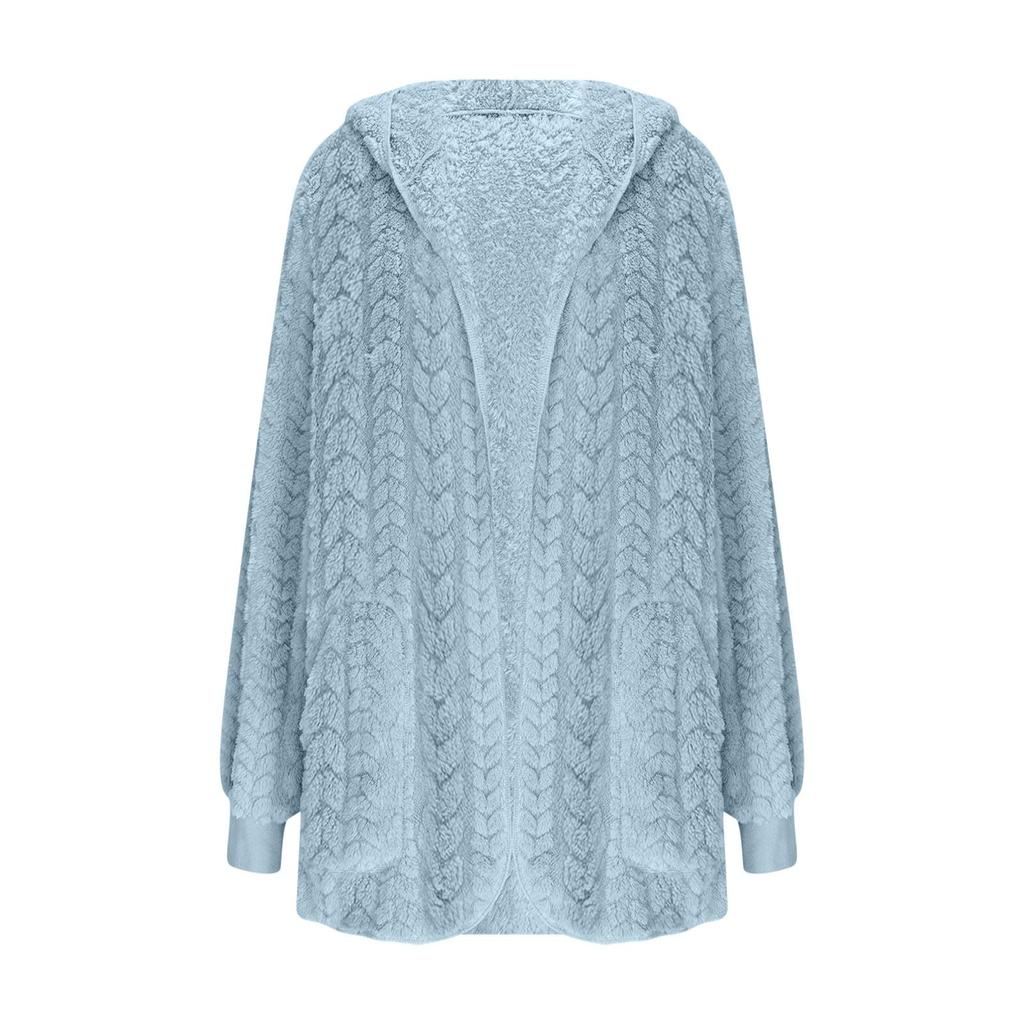 Women's Fashionable Coat Solid Color Long Sleeved Pocket Loose Hooded Plush  Jacket