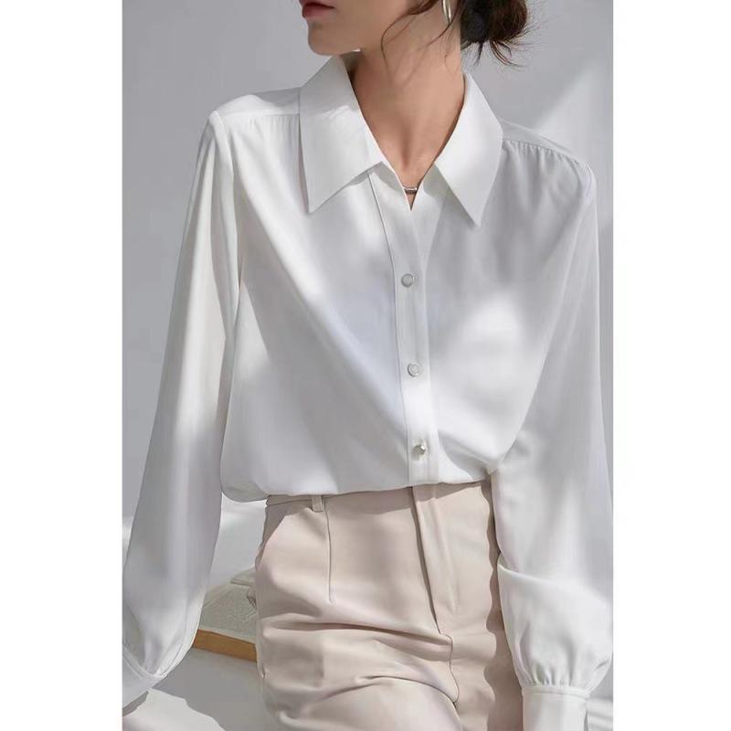 Women's Long-Sleeve White French Shirt - Spring/Autumn, Wrinkle-Resistant, Elegant Draped Style