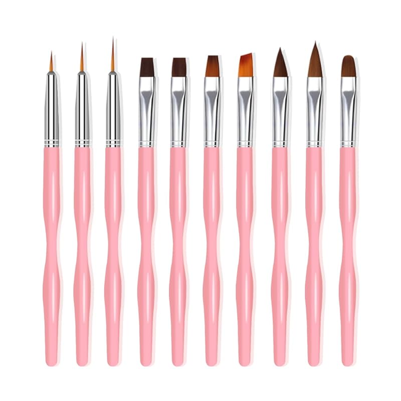 Nail Art Brushes Set, 10pcs Nail Design Painting Brushes, Professional Nail Art Design Brushes, Nail Fine Liner Brushes, Pink