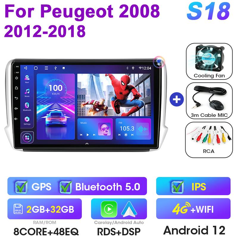 2 Din Android 12 Car Radio For Peugeot 208 2008 2012 - 2018 Multimedia Video Player GPS 4G Carplay Auto Stereo DVD IPS Head Unit