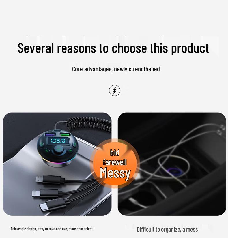 Q21 Bluetooth FM Transmitter mit Spiralkabel & QC3.0 PD20W Schnell-Autoladegerät