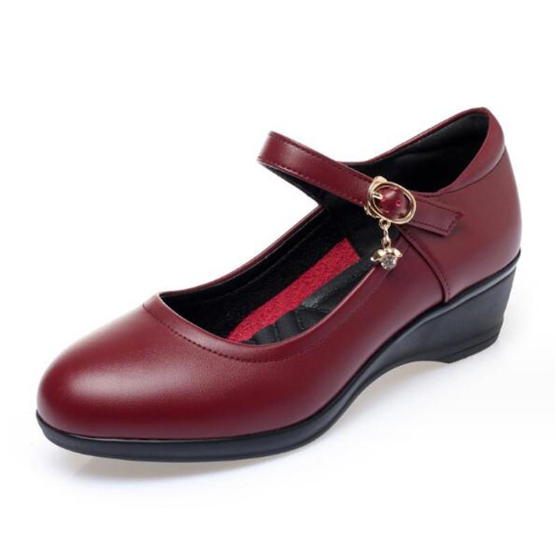Fashion Women Fashion Comfort Buckle Strap Pumps Lady Casual Black Soft Leather Office High Heel Shoes Wedges Women Single Shoes