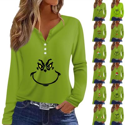 Women's T Shirt Tee Christmas Print Button Long Sleeve Daily Weekend Fashion Basic V- Neck Regular Top