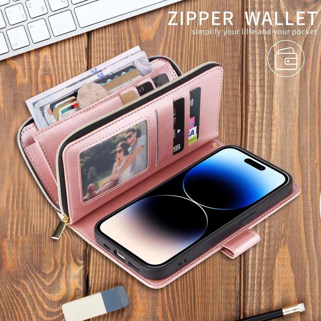 Double Layer Zipper Wallet Case with 9 Card Slots for iPhone 16 16E Pro Max 15 14 Plus13 12 Pro Max PU Leather Flip Cover