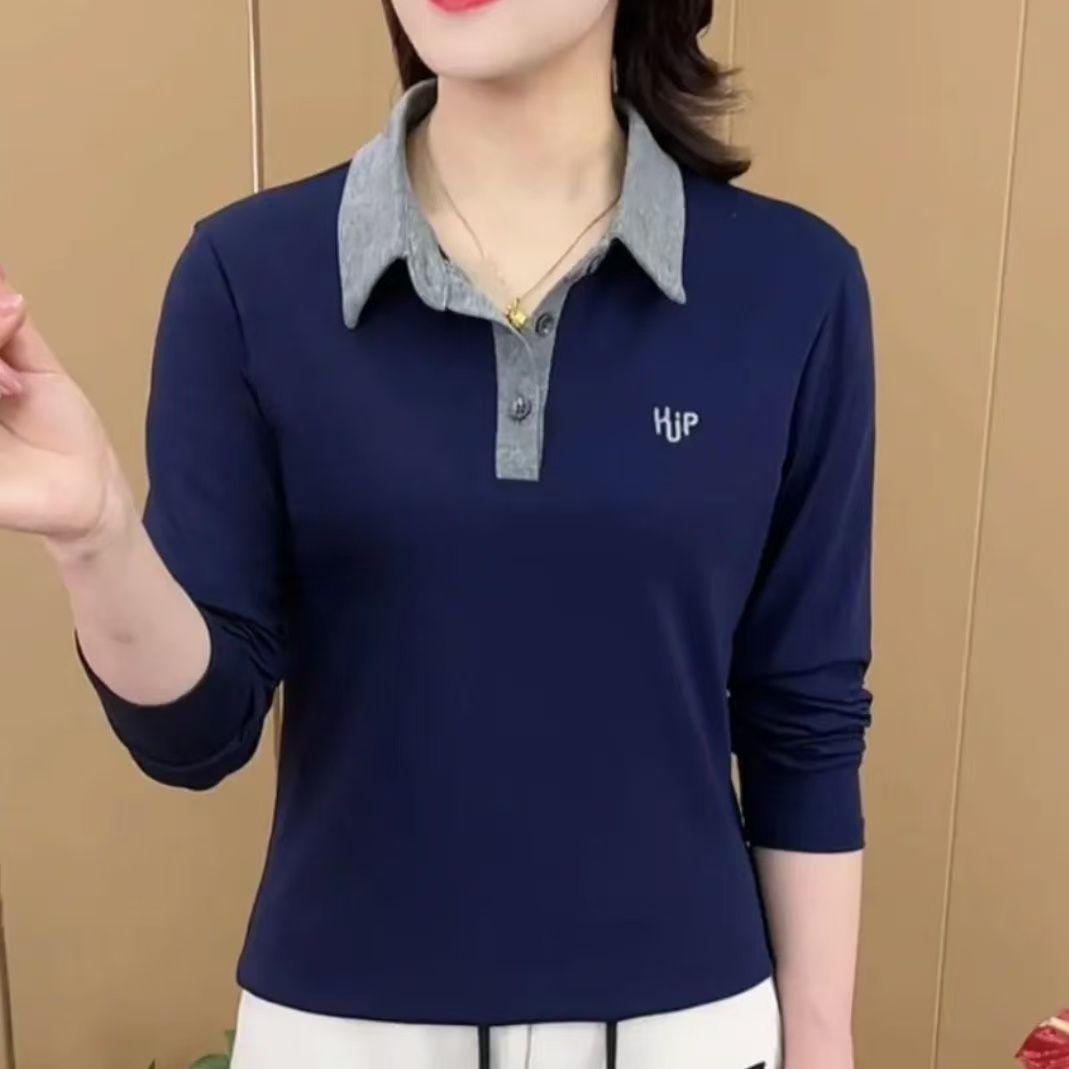 

Женская омолаживающая рубашка поло Весна 2025 - С длинным рукавом, отложным воротником, свободного кроя, модный базовый топ 2XL синий
