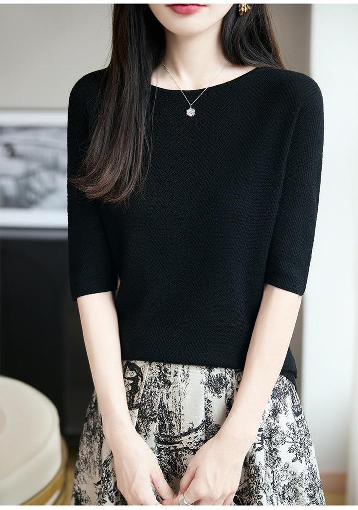 Ultra-Fine Pure Wool Women's Slim-Fit Fishbone Pattern One-Shoulder Mid-Sleeve Base Layer Shirt