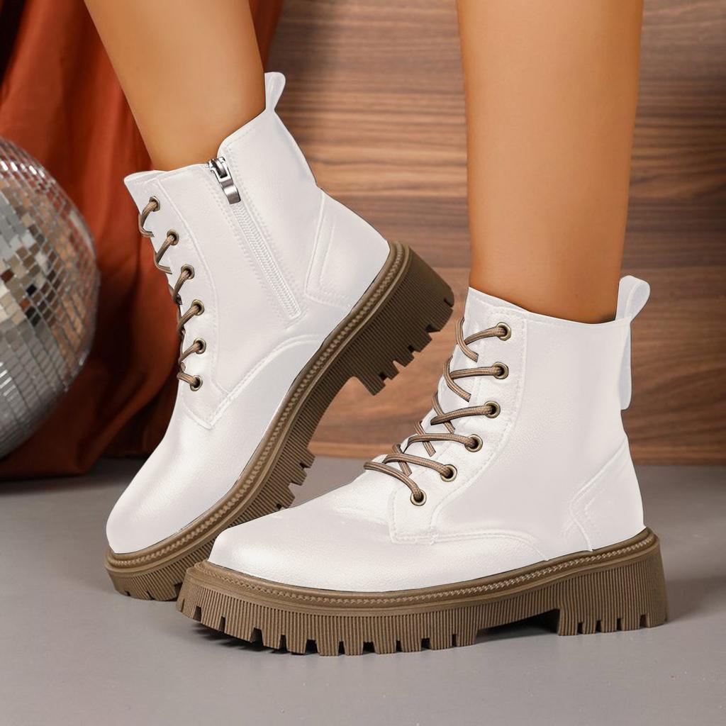 Women'S Casual Retro Lace Up Thick Soled Soft Leather Ankle Boots British Short Boots Women'S Boots Wide Botas Invierno Mujer