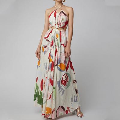 Women's Summer Slim Hem Sling Splicing Printed Beach Dresses