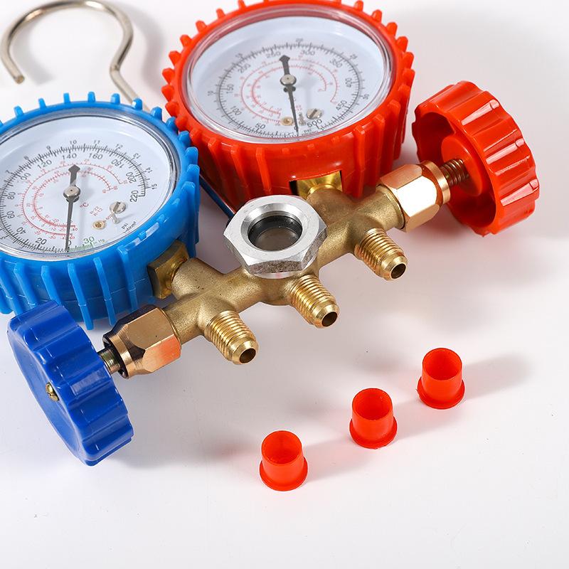 R134a Air Conditioning Pressure Gauge with 3 Hose and Hook A/C Manifold Double Gauge Set Freon For R12 R22 R404A R134a