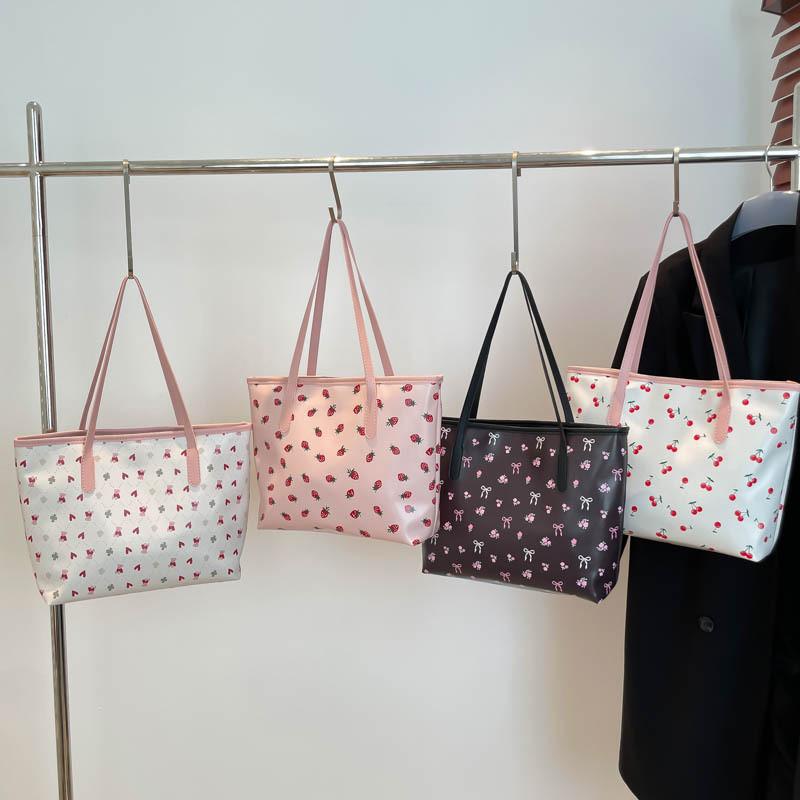 Large Capacity Pu Bag For Women With Bow Cherry Print Design