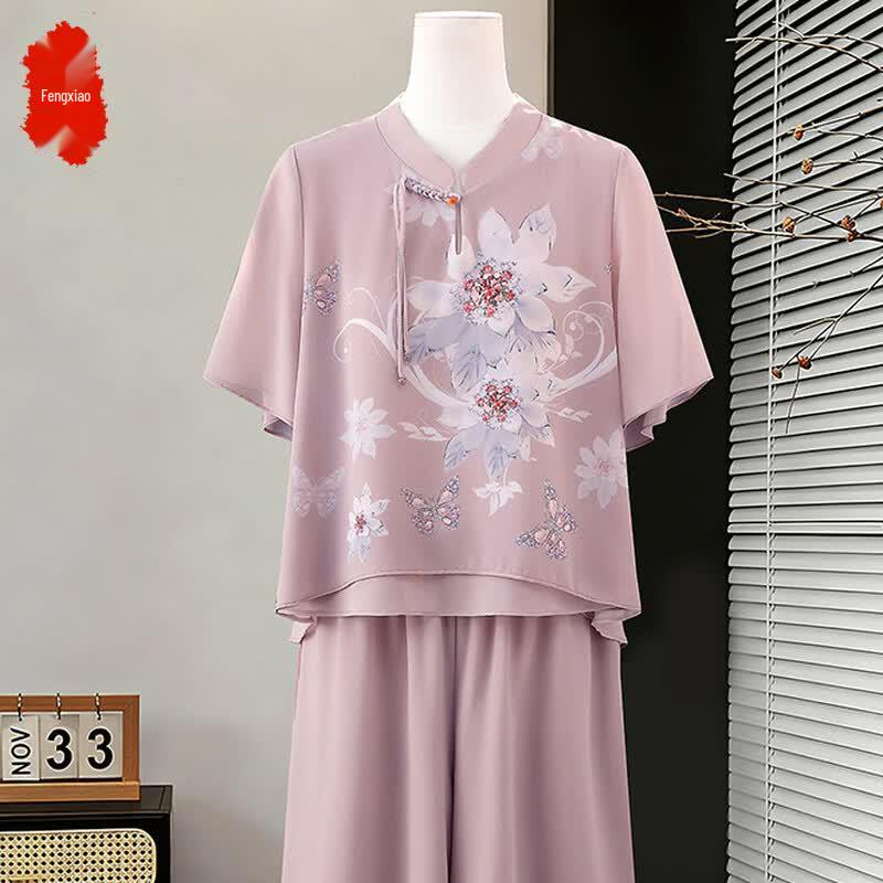 Elegant Mid-Aged Women s Summer Short-Sleeve Two-Piece Set 2XL