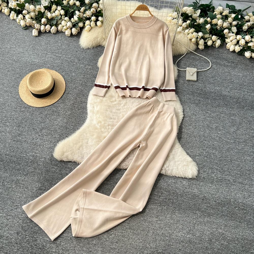 Herbst Winter Damen Lässig Gestrickter Pullover Hose Zweiteiler Langarm Pullover Oberteile und Weitbein Hose Trainingsanzug