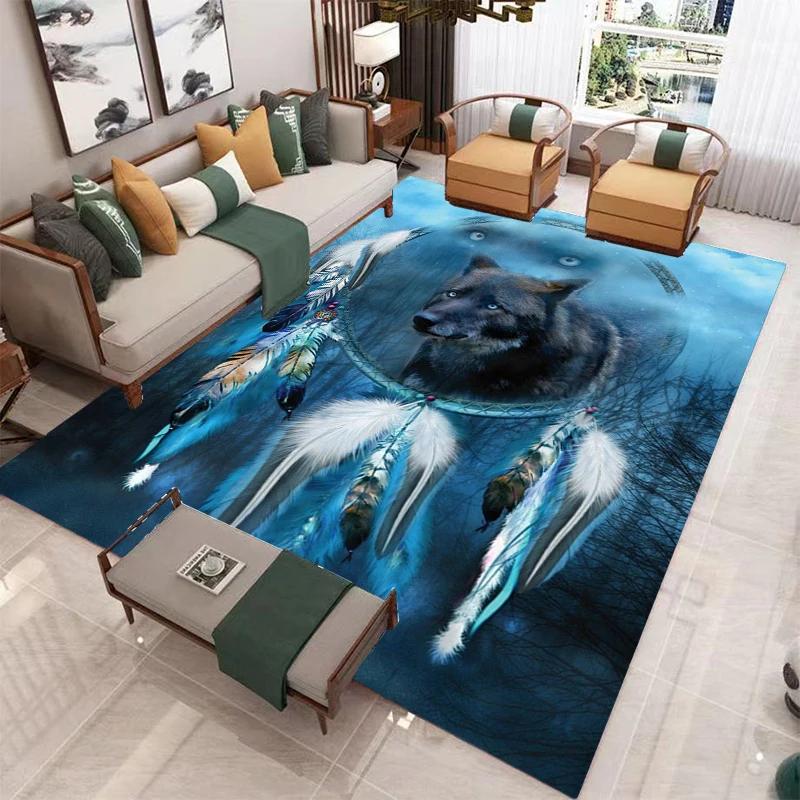 Wolf Carpet Wild Animal Doormat Bohemia Style Dreamcatcher Area Rug for Living Room Bathroom Decor Woodland Wildlife Floor Mat
