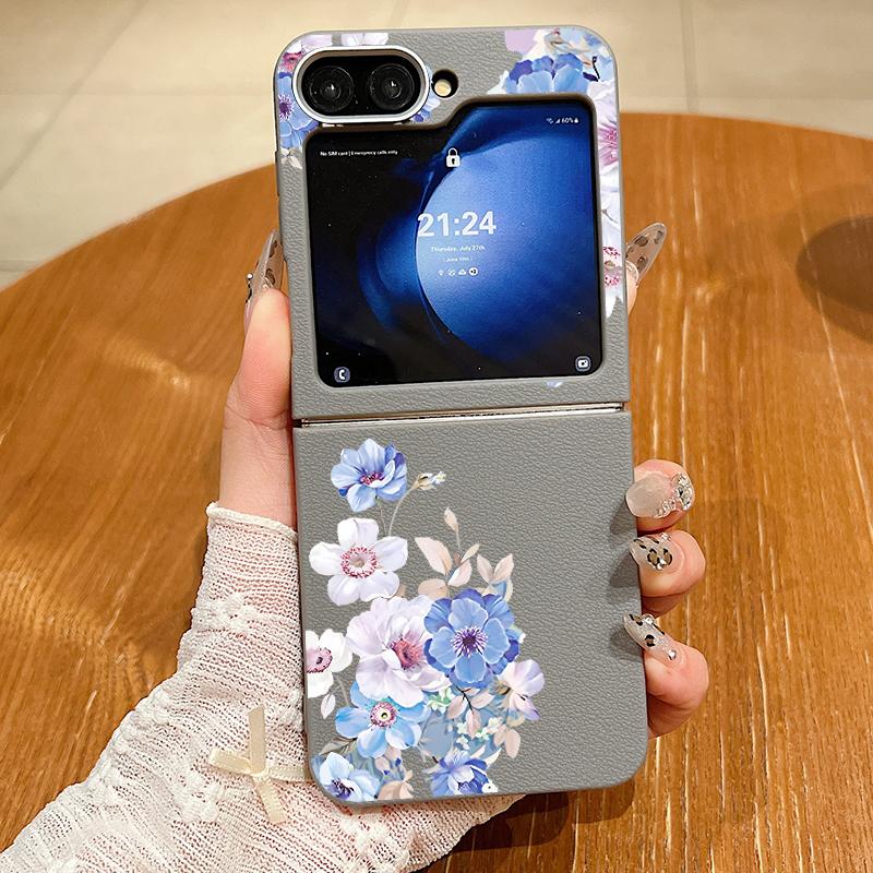 Leather Texture TPU Case For Magsafe For Samsung Galaxy Z Flip 6 5 4 3 5G Flip6 Flip5 Flip4 Blue Flower Patterned Folding Cover