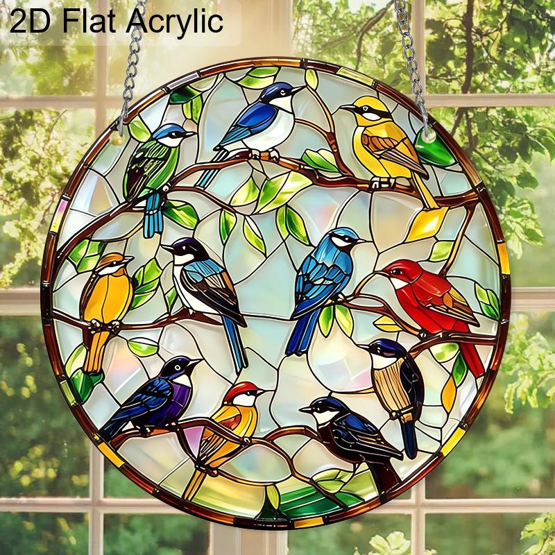Acrylic Colorful Songbirds on Branches Suncatcher, Stained Glass Style Window Hanging Ornament for Bird and Nature Lovers