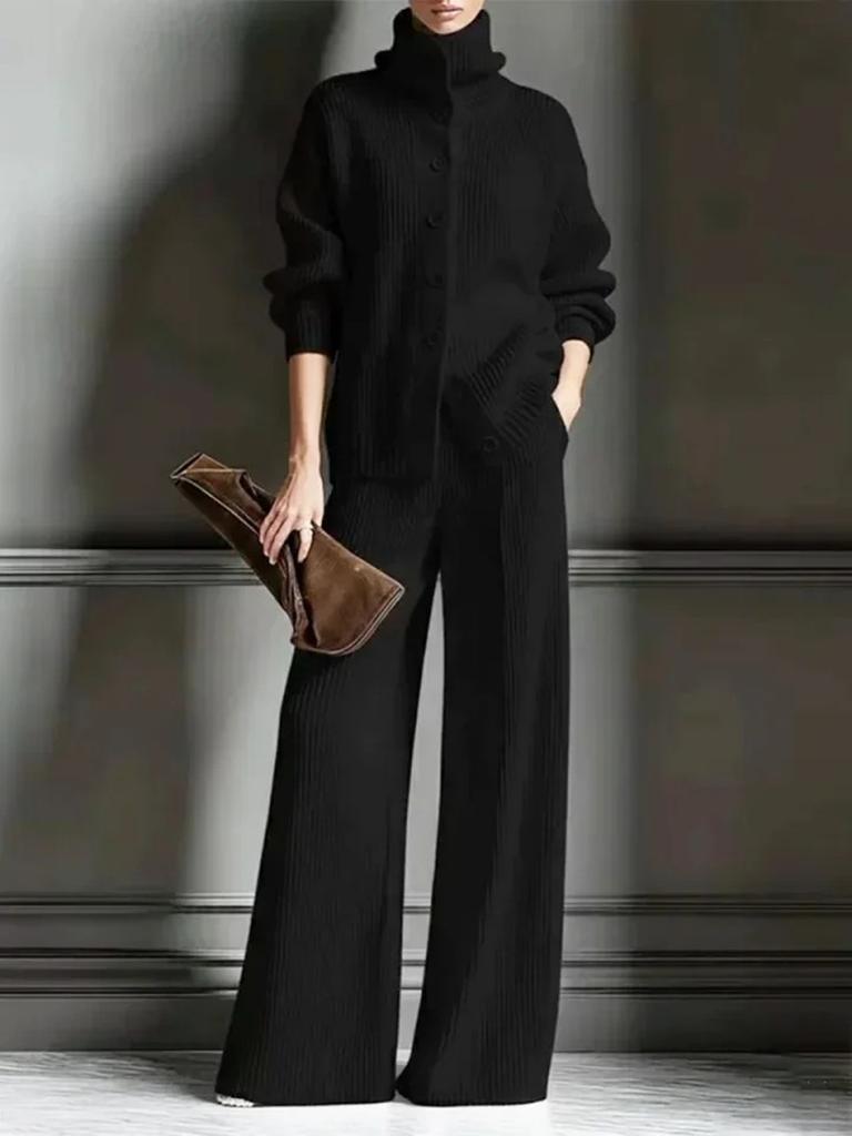 Podzim Zima Nový Pletený Kardigan s Vysokým Límcem Jednobarevný Dlouhý Rukáv Široké Kalhoty Set 2dílný Outfit