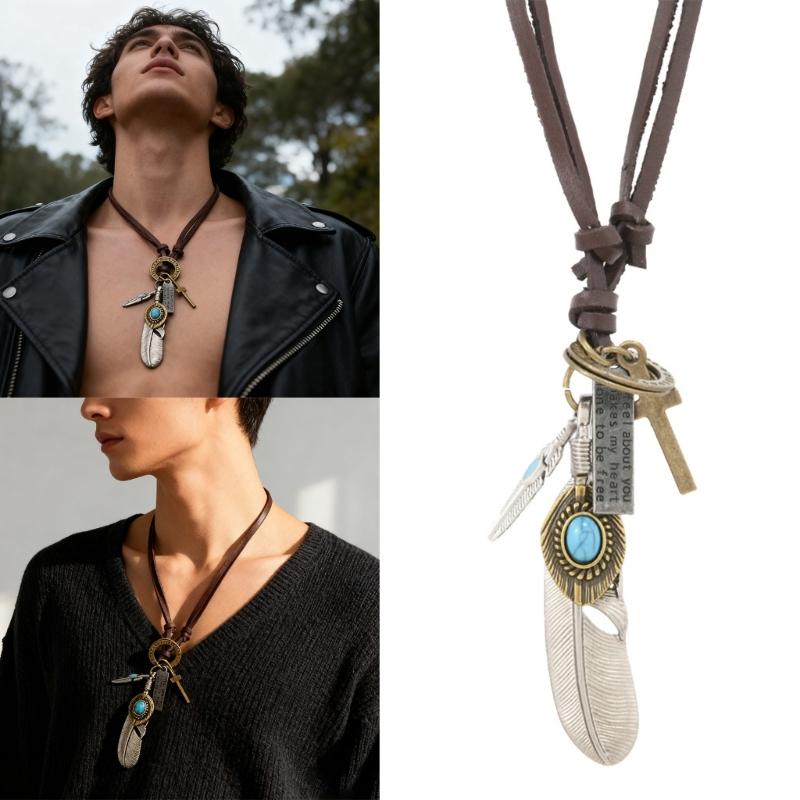 Vintage Inspired Alloy Feather Leather Necklace Adjustable Length Iron Clasp Leather Chain Necklace For Trendy Outfits