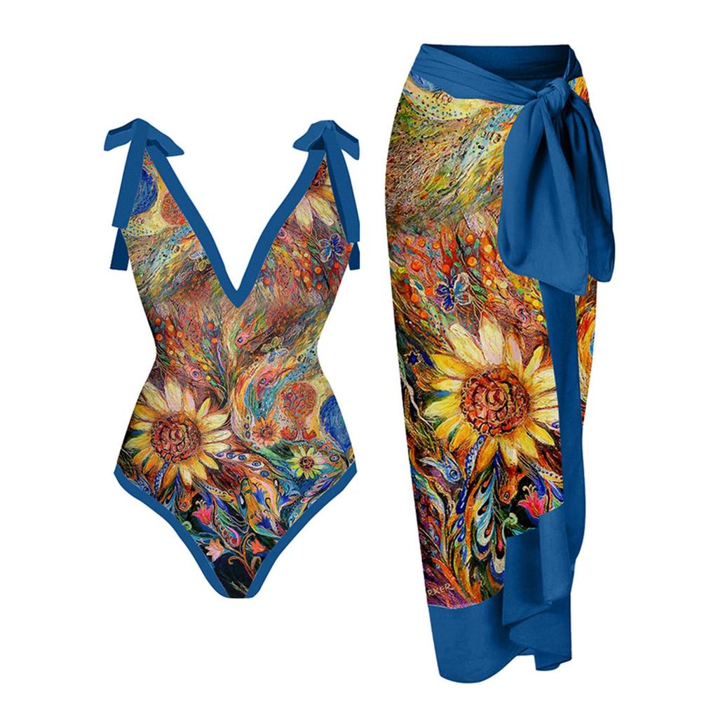 Nové Vintage dámské jednodílné plavky s etnickým potiskem Dvoudílná průhledná sukně Konzervativní vycpané plavky Push Up Plážové oblečení