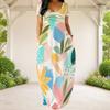 Women Plus Size Round Neck Short Sleeve Abstract Printed Loose Maxi Dress With Side Pockets