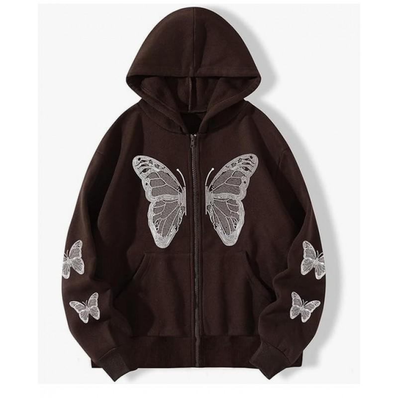 Womens Butterfly Print Zip Hoodie Streetwear Casual Comfort Loose Fit Sweatshirt