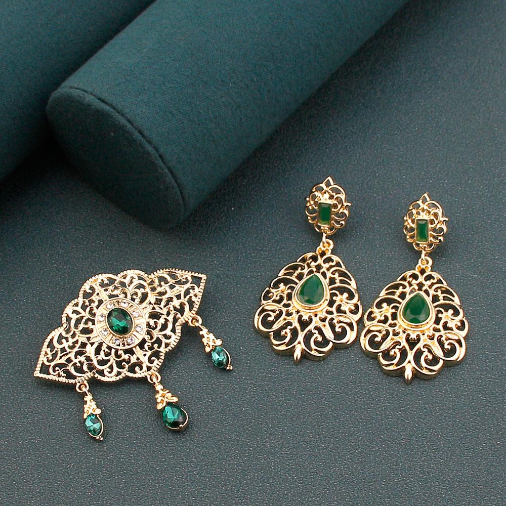 Gold Color Bohemia Women Brooch Earring Sets Bride Jewelry Tassel Brooch Pins Flower Earring