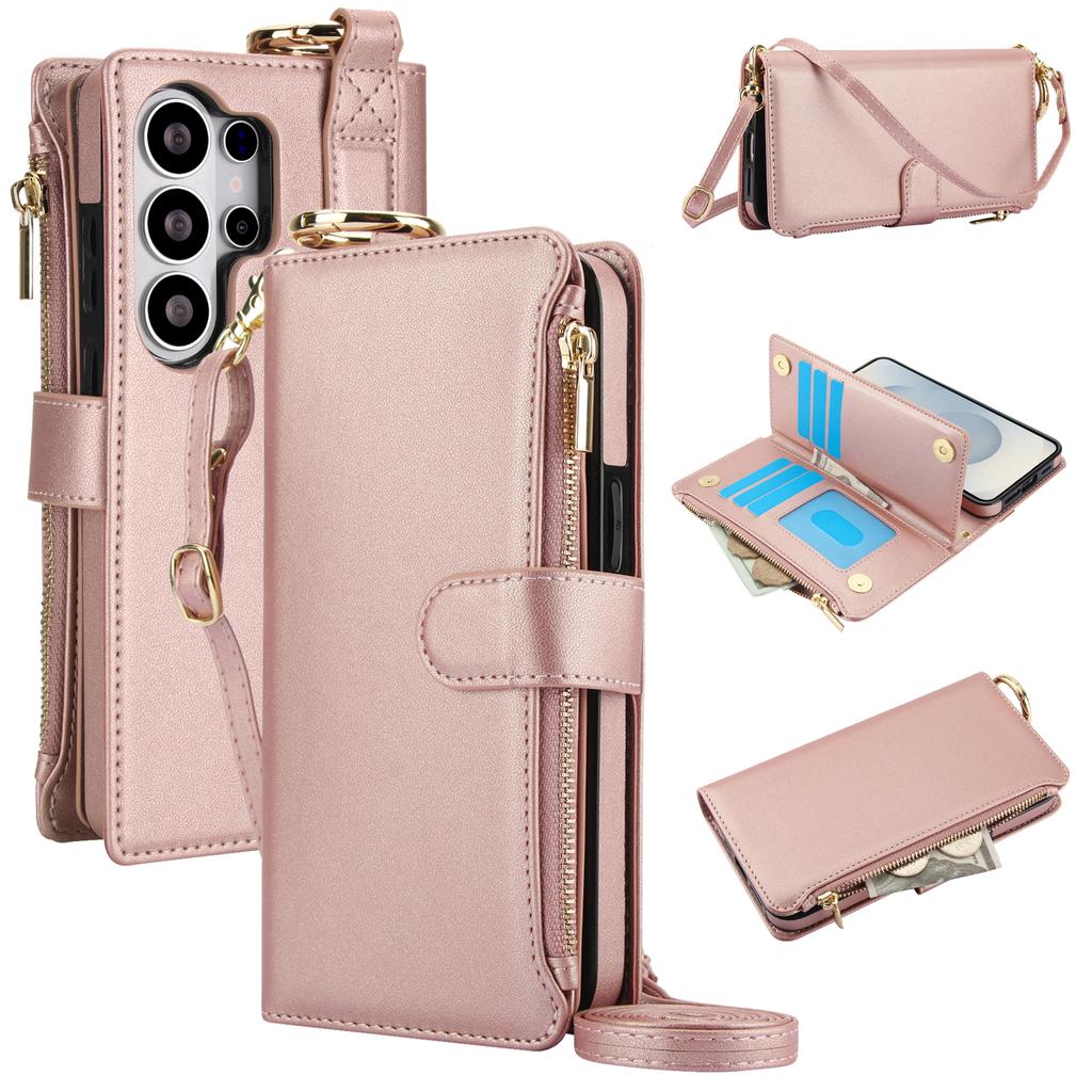 Luxusní PU kožená peněženka na zip pro Samsung Galaxy S22 S23 S24 S25 S26 Ultra Plus Odnímatelná šňůrka přes rameno Držák na karty