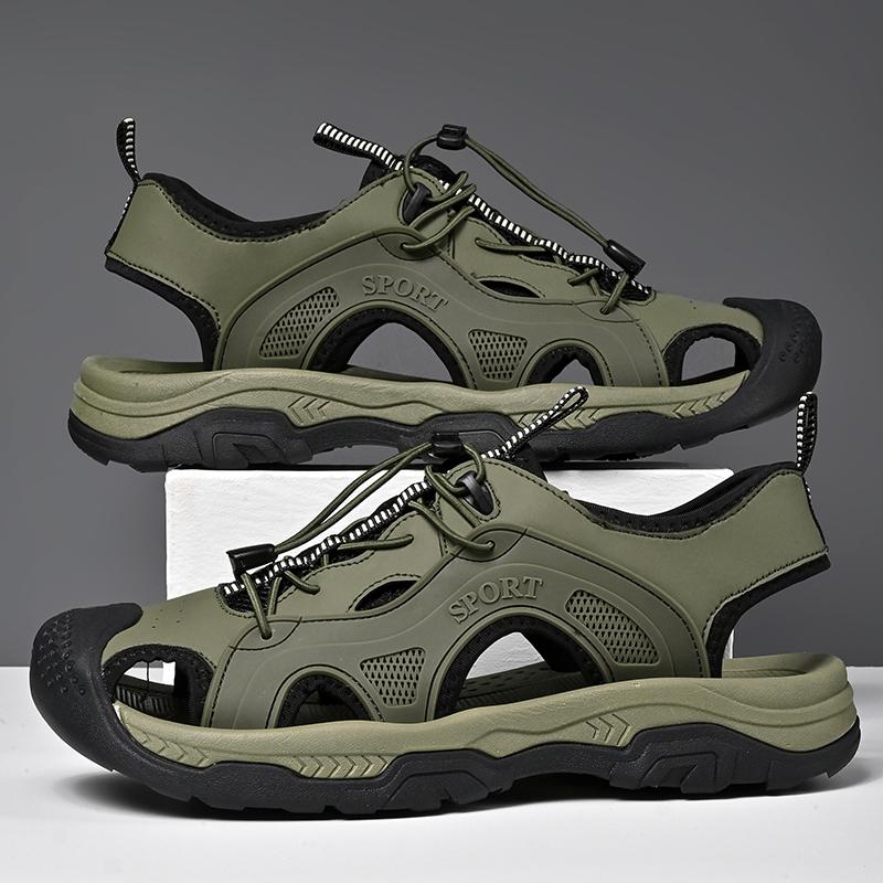 Fashion New Trend Men's Anti-collision Toe Sandals Handmade Leather Summer Flat  Fashion Male Suitable Beach Shoes Non-slip Walk Sandaly