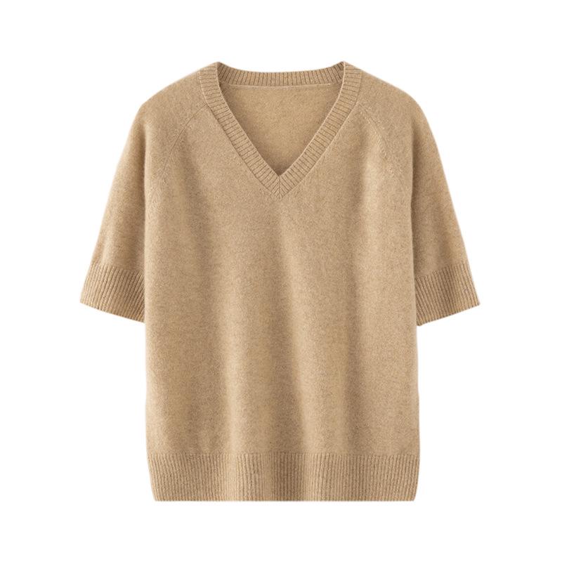 Women's V-Neck Cashmere Knit Five-Sleeve Sweater - Soft, Slim Fit for Spring/Autumn
