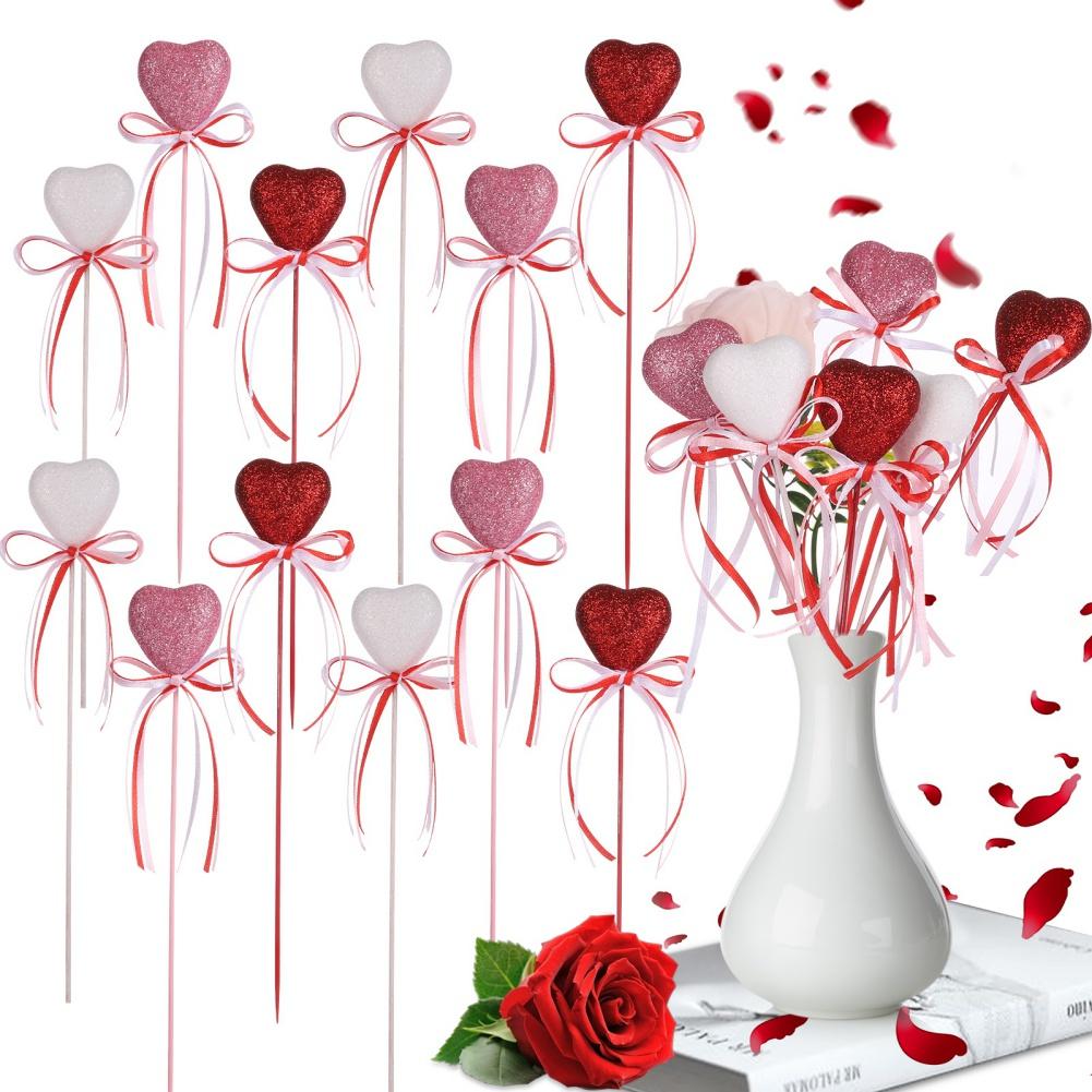 Valentine's Day Glitter Heart Foam Picks Puffy Sparkly Heart On Sticks Valentines Day Floral Picks for Table Centerpiece Decor