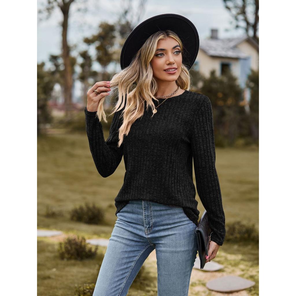 GMXIA Autumn Women's Round Neck Frosted Pit Strip Solid Color Top Long Sleeve T-shirt