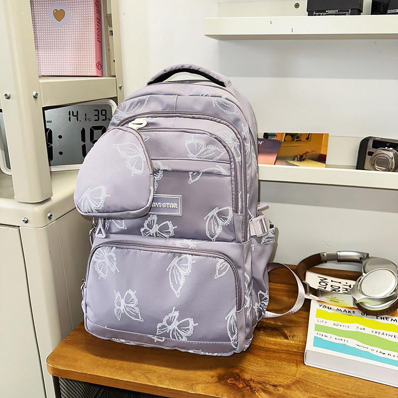 Butterfly Print Junior High School Student Schoolbag Women's Large Capacity Travel Lightweight Backpack with Coin Purse