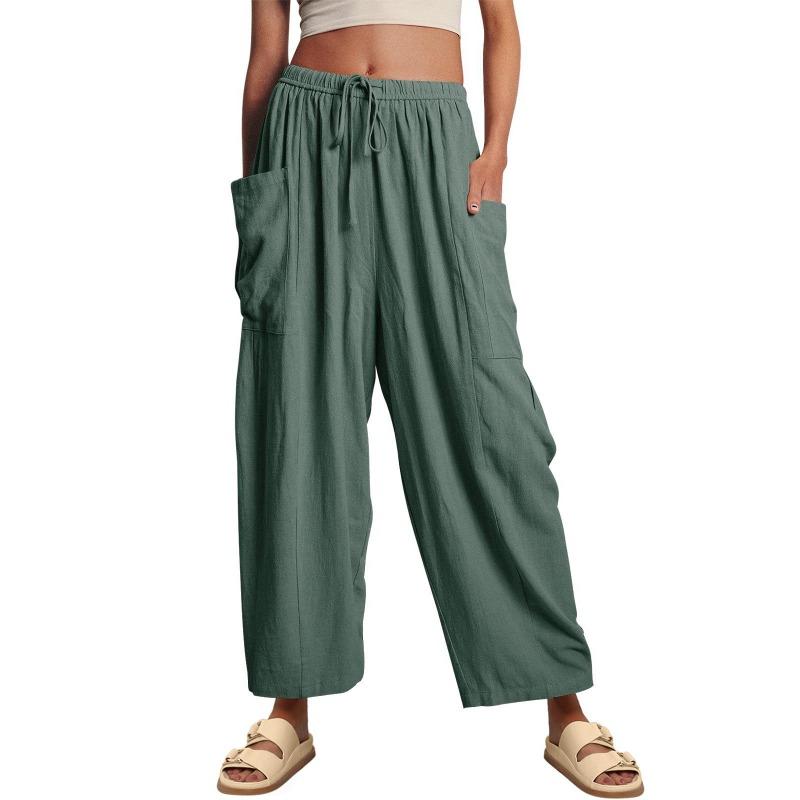 Spring and Summer Elastic Waist Pleated Mid Waist Straight Leg Pants, Loose Casual Cotton and Linen Cropped Pants