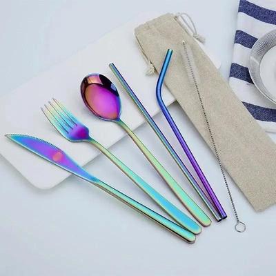 6Pcs/set 304 Stainless Steel Knife And Fork Spoon Straws Tableware Set Creative Portable Outdoor Travel Dinneware Set