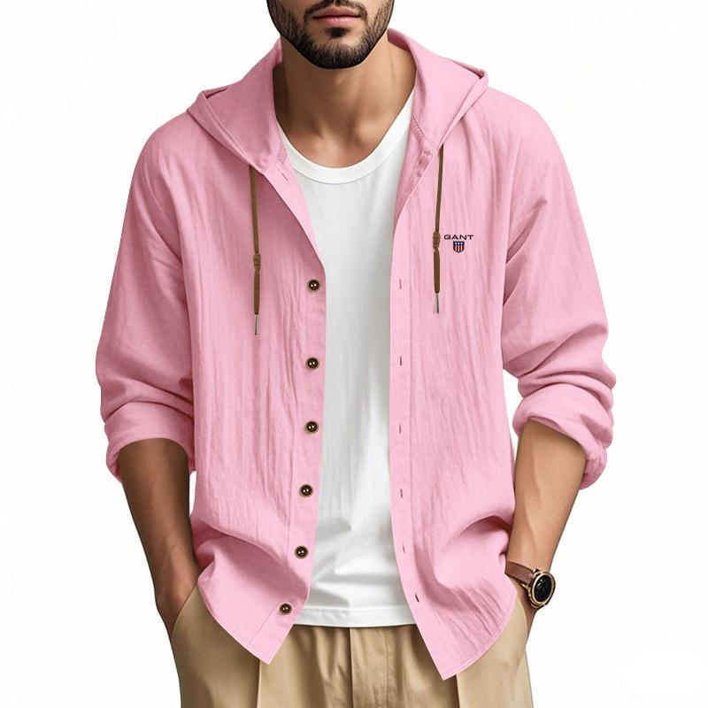 Gant Embroidery Men's Solid Color Casual Long Sleeved Shirt Hooded Drawstring Cotton and Linen Cardigan Trendy Versatile Loose Beach T-shirt