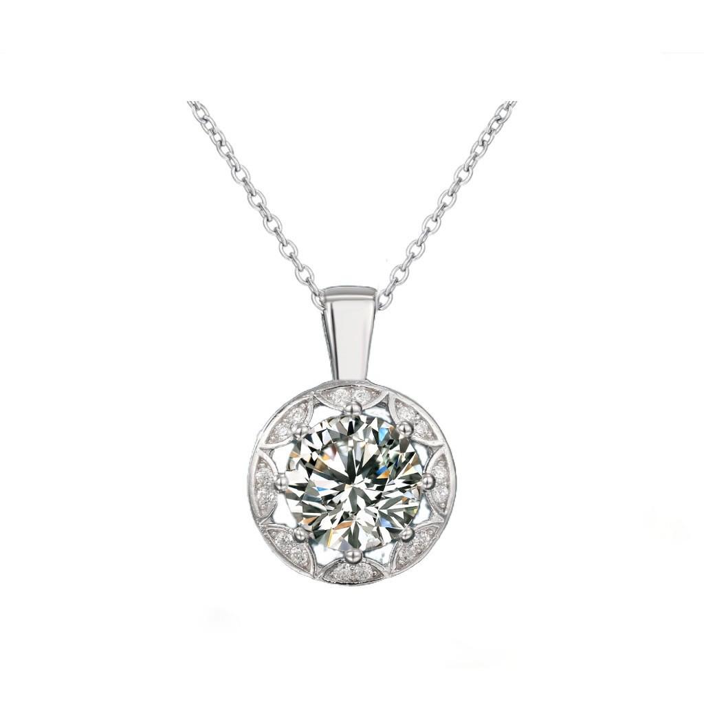 Classic Round Sterling Silver Necklace with 2 Carat Moissanite Pendant 925 Silver