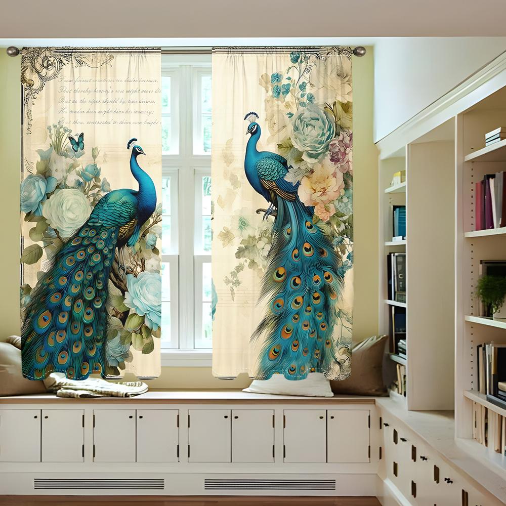 2Pcs Elegant Peacock Curtains Blue Vintage Floral Pattern Living Room Bedroom Office Sunshade Country Style Decor Curtains