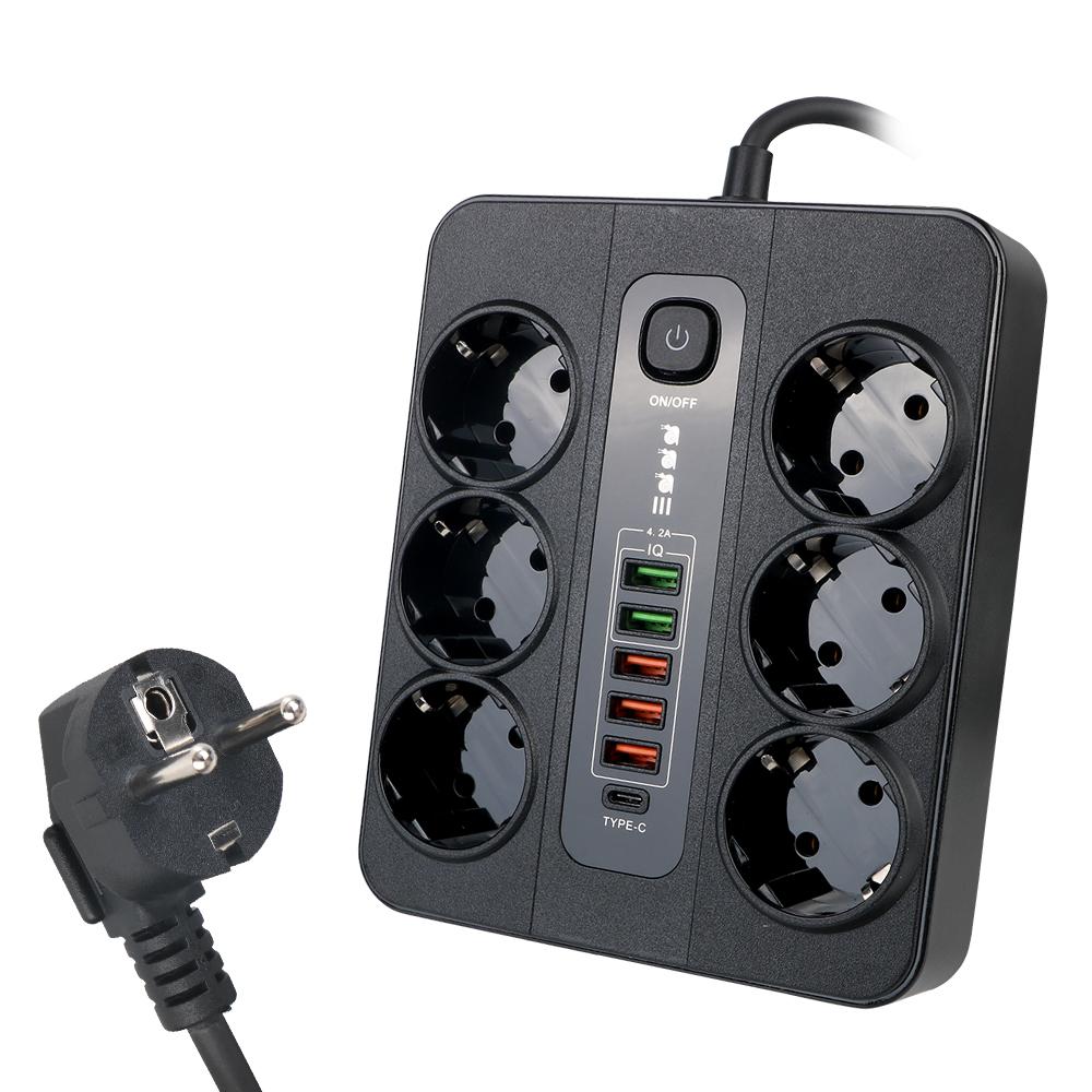 

Мережевий фільтр із захистом від перевантаження для офісу дому ЄС вилка кабель 2 м подовжувач розетка USB Type C з запобіжником 3000 Вт Black EU