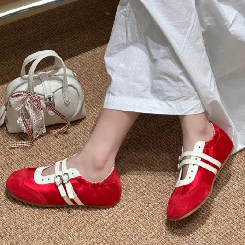 Fashion Leather Version~ Niche Design Sport Ballet Shoes Heightening Double Row Button Mary Janes Color Block Matte Single Shoes